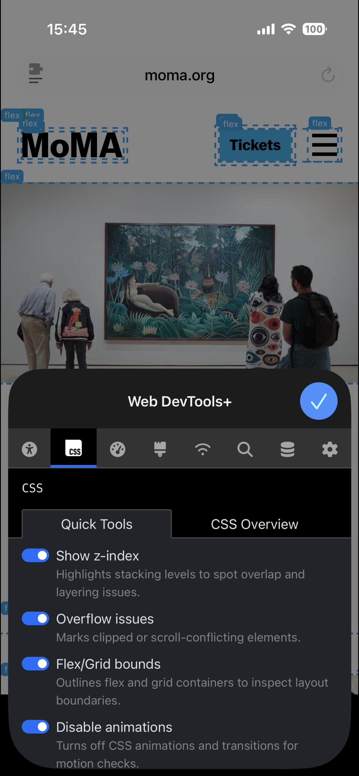 Web Dev Tools screenshot showing CSS quick tools
