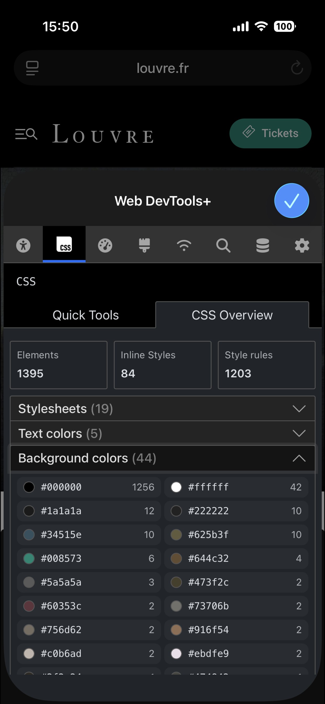 Web Dev Tools screenshot showing the CSS Overview panel