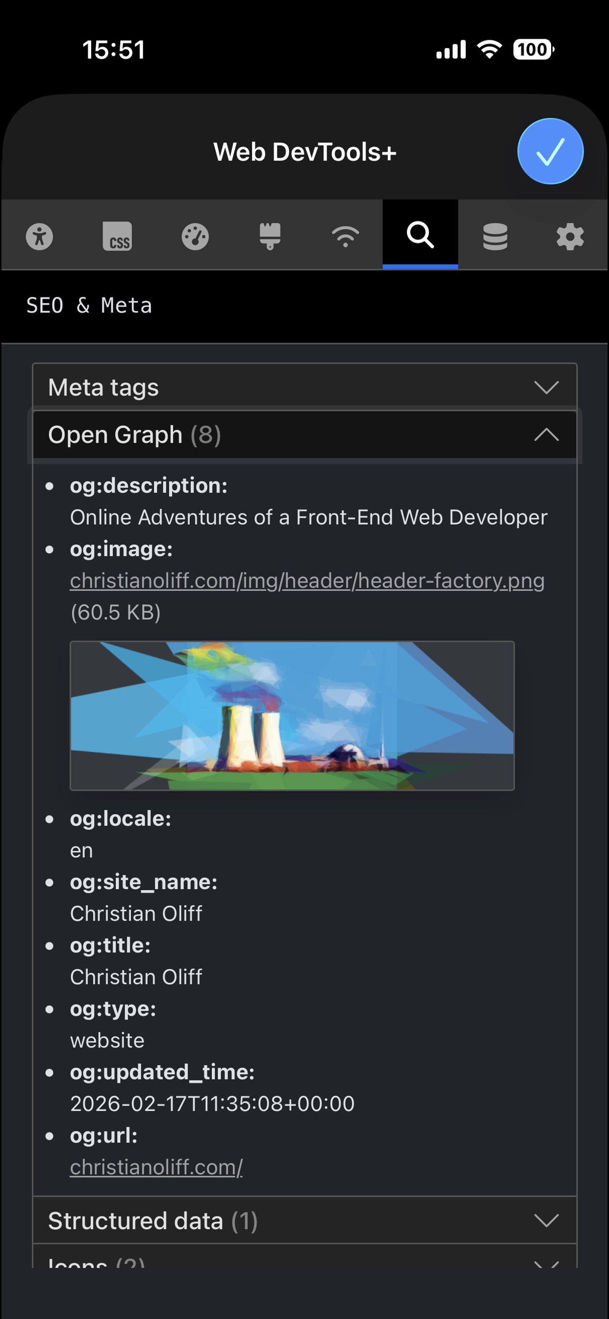 Web Dev Tools screenshot showing the SEO check tool