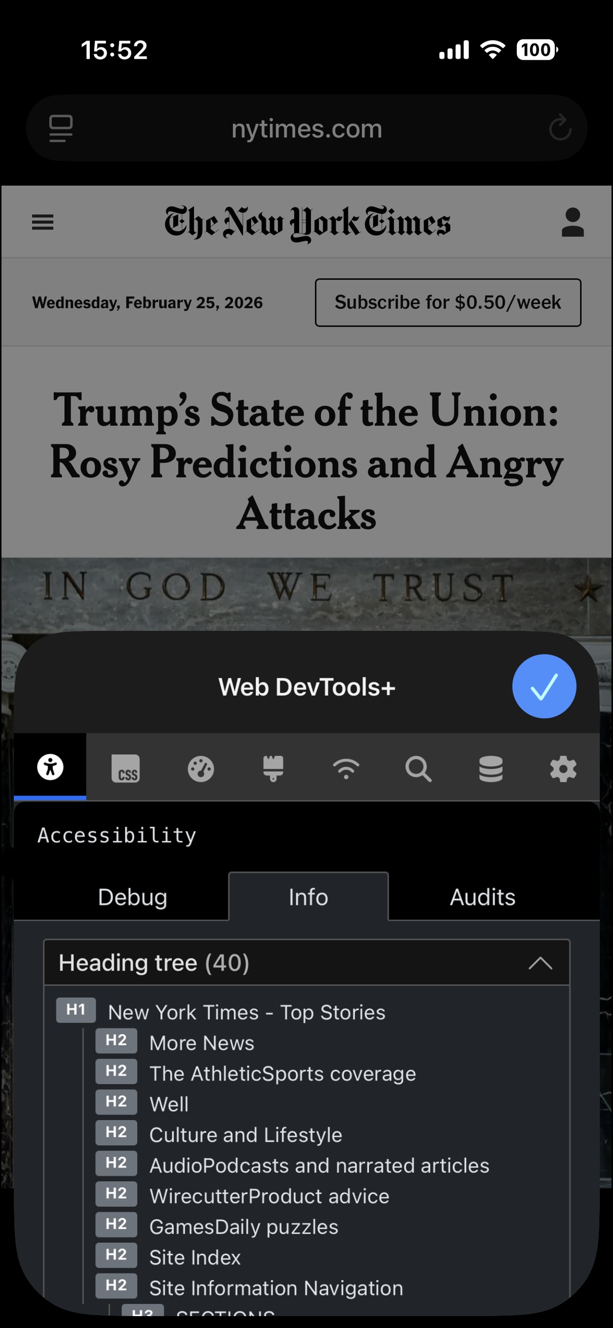 Web Dev Tools screenshot showing the performance snapshot tool