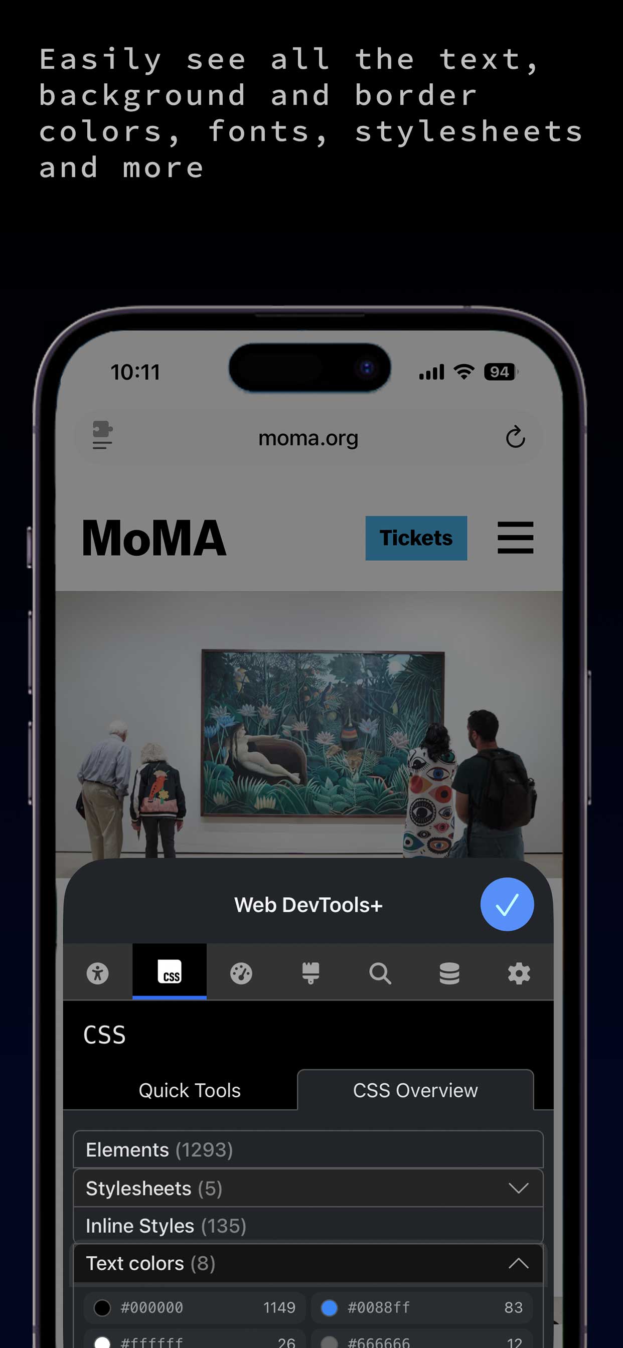 Web Dev Tools screenshot showing the SEO check tool