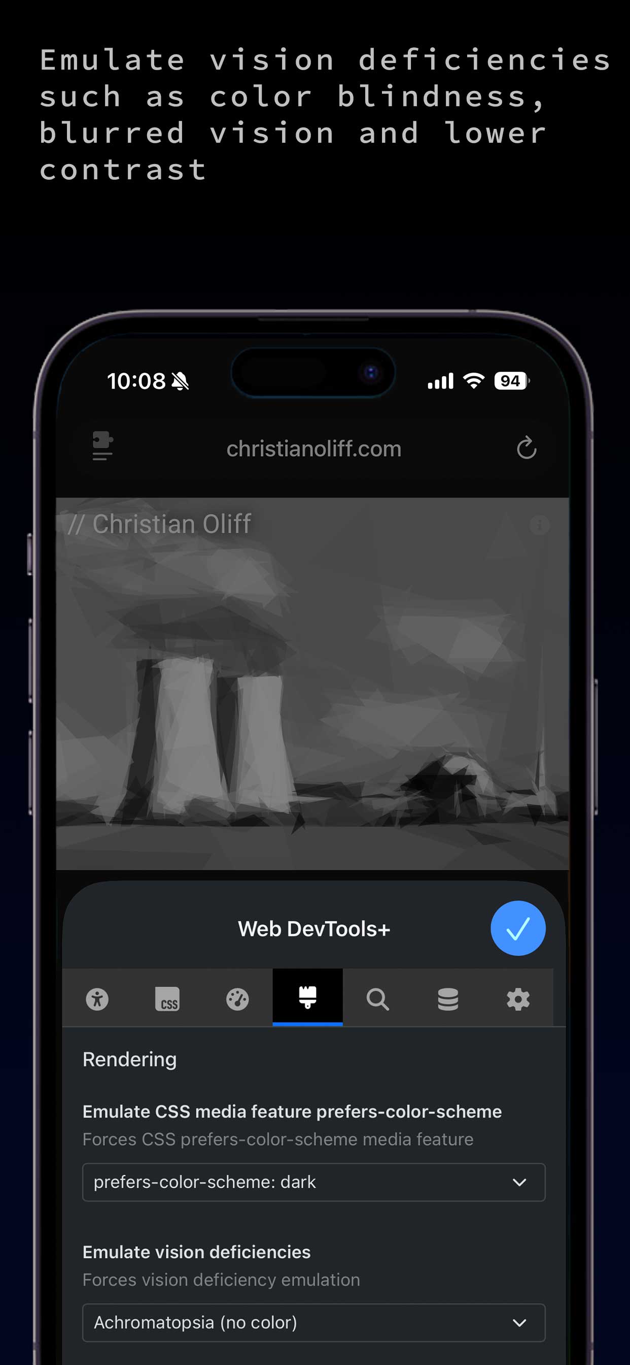 Web Dev Tools screenshot showing the SEO check tool